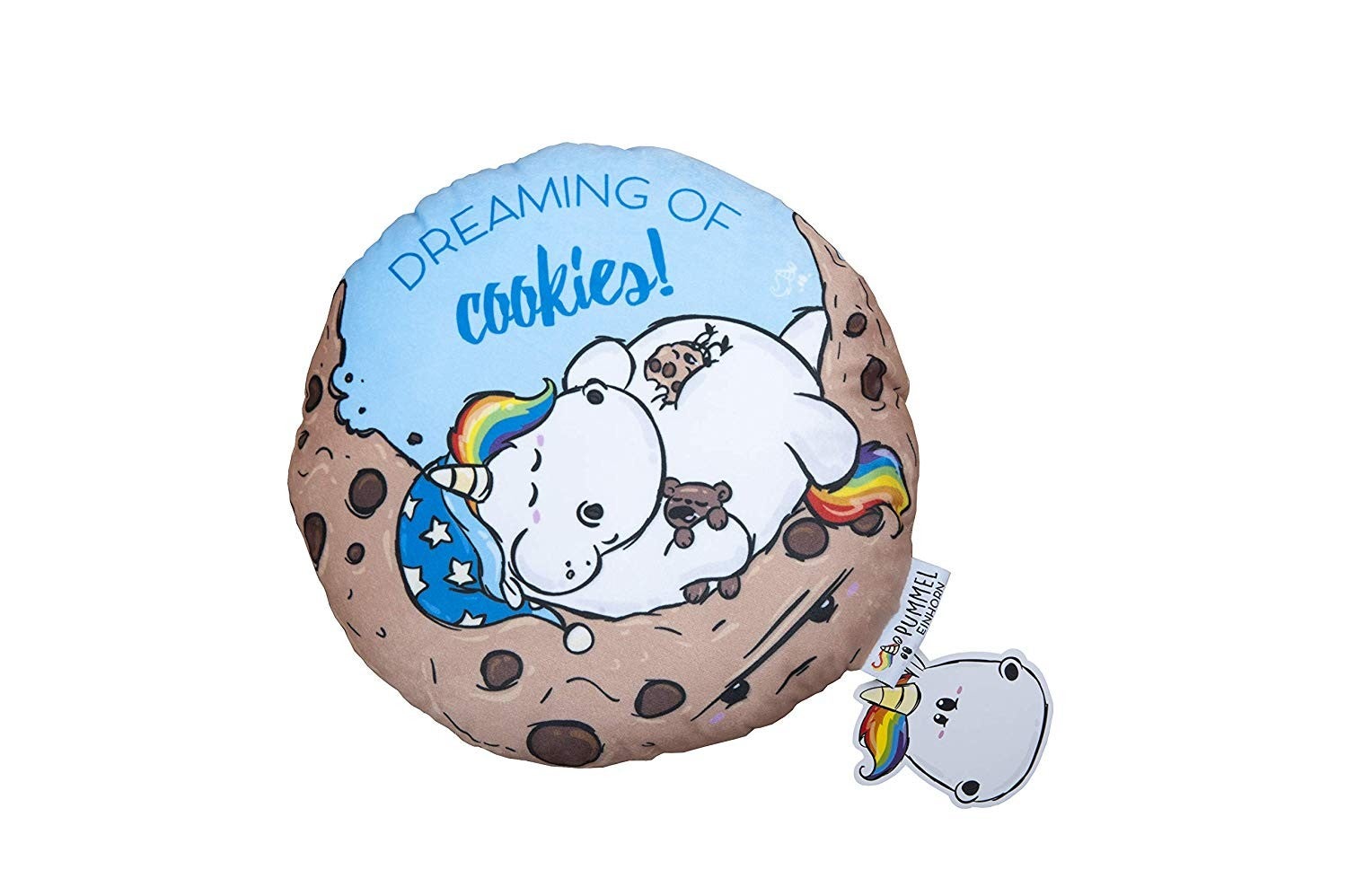 Pummeleinhorn-vormig kussen met omkeerbaar ontwerp - Koekje (blauw/cookie-tastic) 30 cm