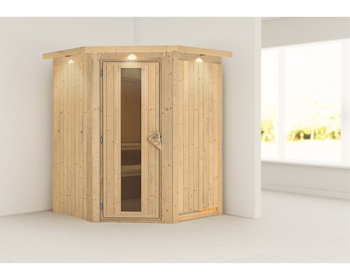 Plug & Play Sauna Karibu Achat II zonder kachel, met dakrand en geïsoleerde houten deur met dubbele beglazing