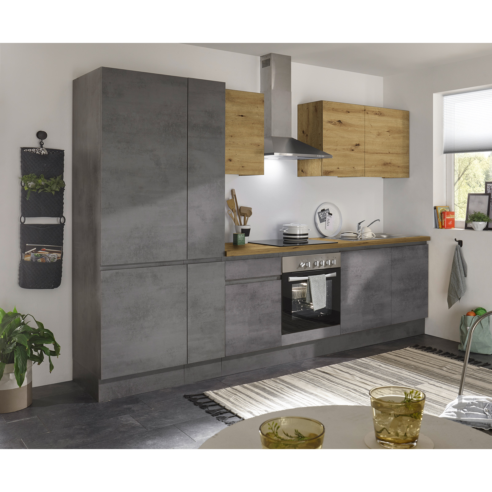 Küchenblock - Chromix anthrazit - Artisan Eiche - mit E-Geräten - 310 cm