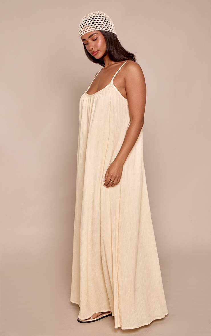 Naturel Robe Maxi Longue Flottante À Encolure Ronde Effet Lin Texturé Petite