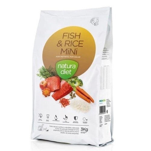 Ração natural para cães, sabor peixe e arroz.