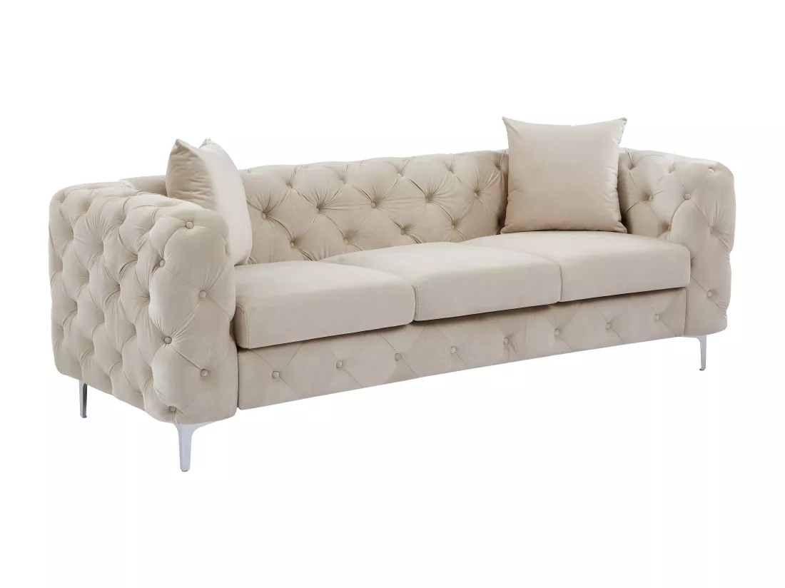 Canapé 3 places, 2 places et pouf chesterfield en velours beige EDWINA