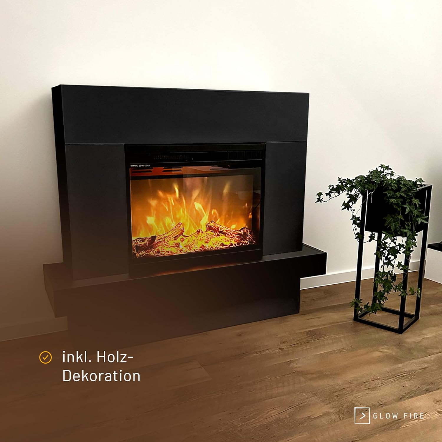 GLOW FIRE Elektrokamin mit Heizung und Kaminfeuer (Standkamin Pandora) - elektrischer Kamin mit LED-Feuer in 3 Farben, Heizlüfter, Holz-Deko & Fernbedienung, 114x97x32 cm, Schwarz