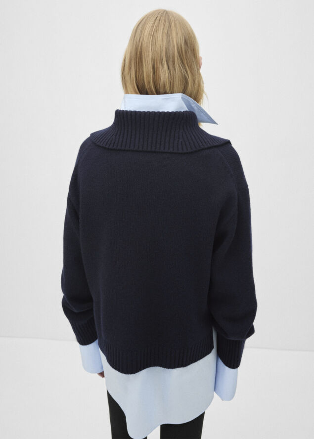 MANGO 100% wool jumper lapel collar Navy