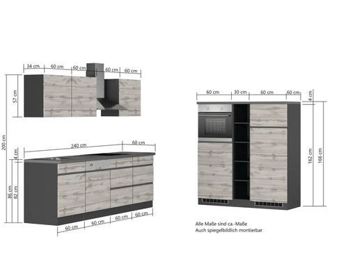 Held Furniture keukenblok met apparatuur PISA 390 cm wild eiken mat gedemonteerd omkeerbaar model 1129.6310
