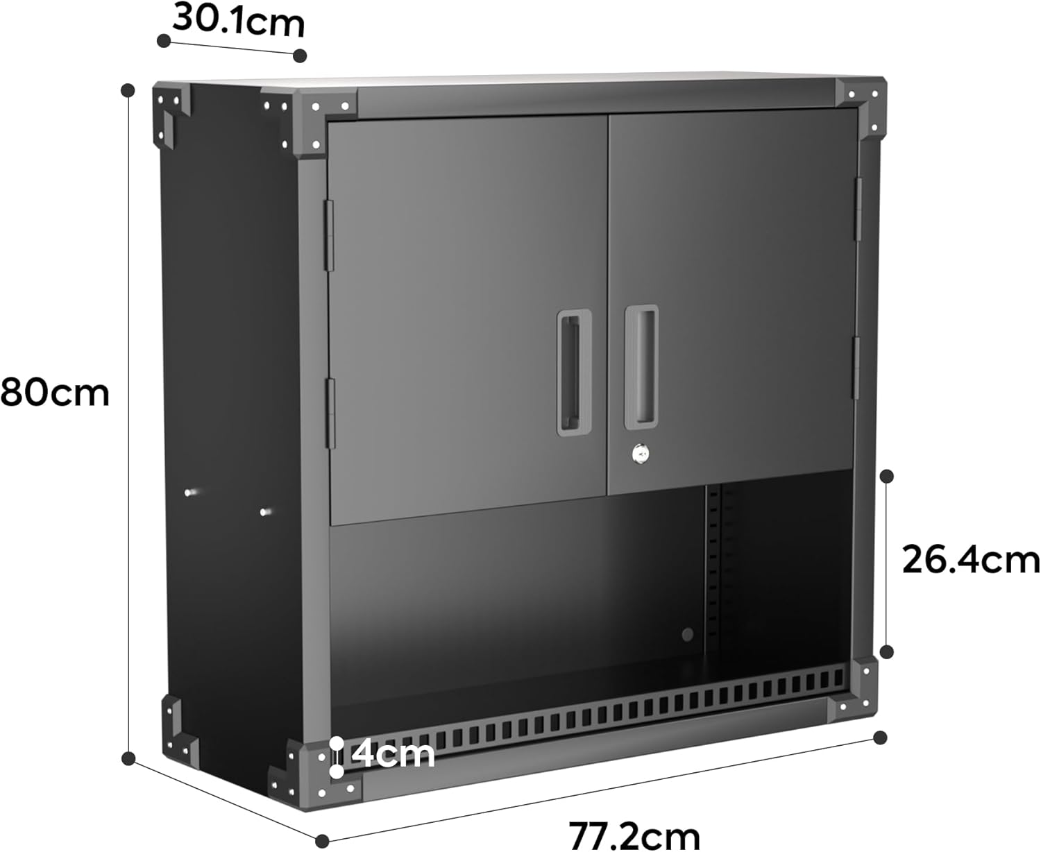 Werkzeugschrank Hängend, Metall Wandschrank mit 2 Türen Und Offene Lagerung, Hängeschrank für Garage, Werkstattschrank Wand, Montage Erforderlich, Schwarz