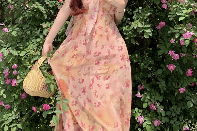 Moanum - Maxi-jurk met spaghettibandjes en bloemenprint
