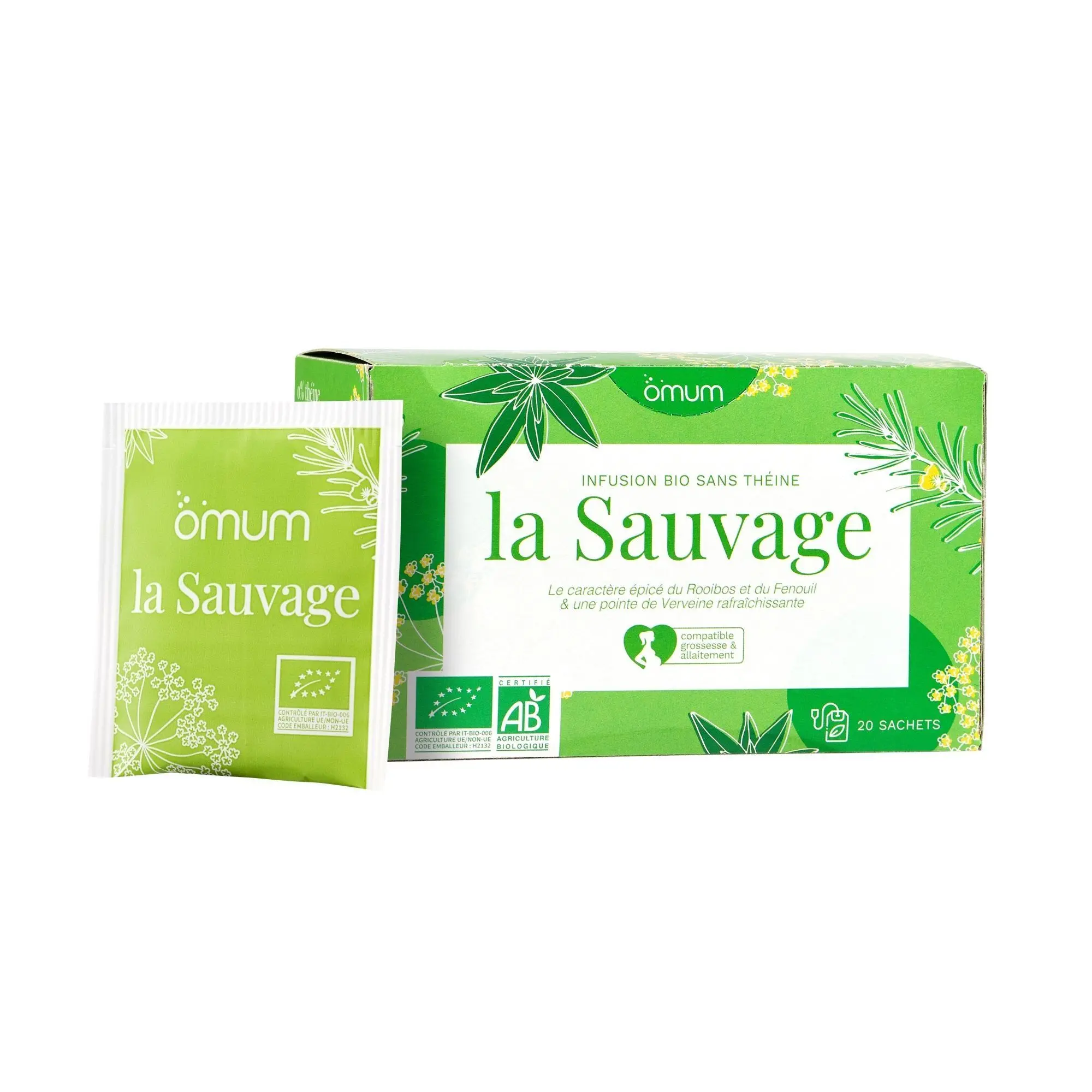 Omum - La Sauvage Infusion bio sans théine / Compatible grossesse & allaitement Boite 20 sachets - Green