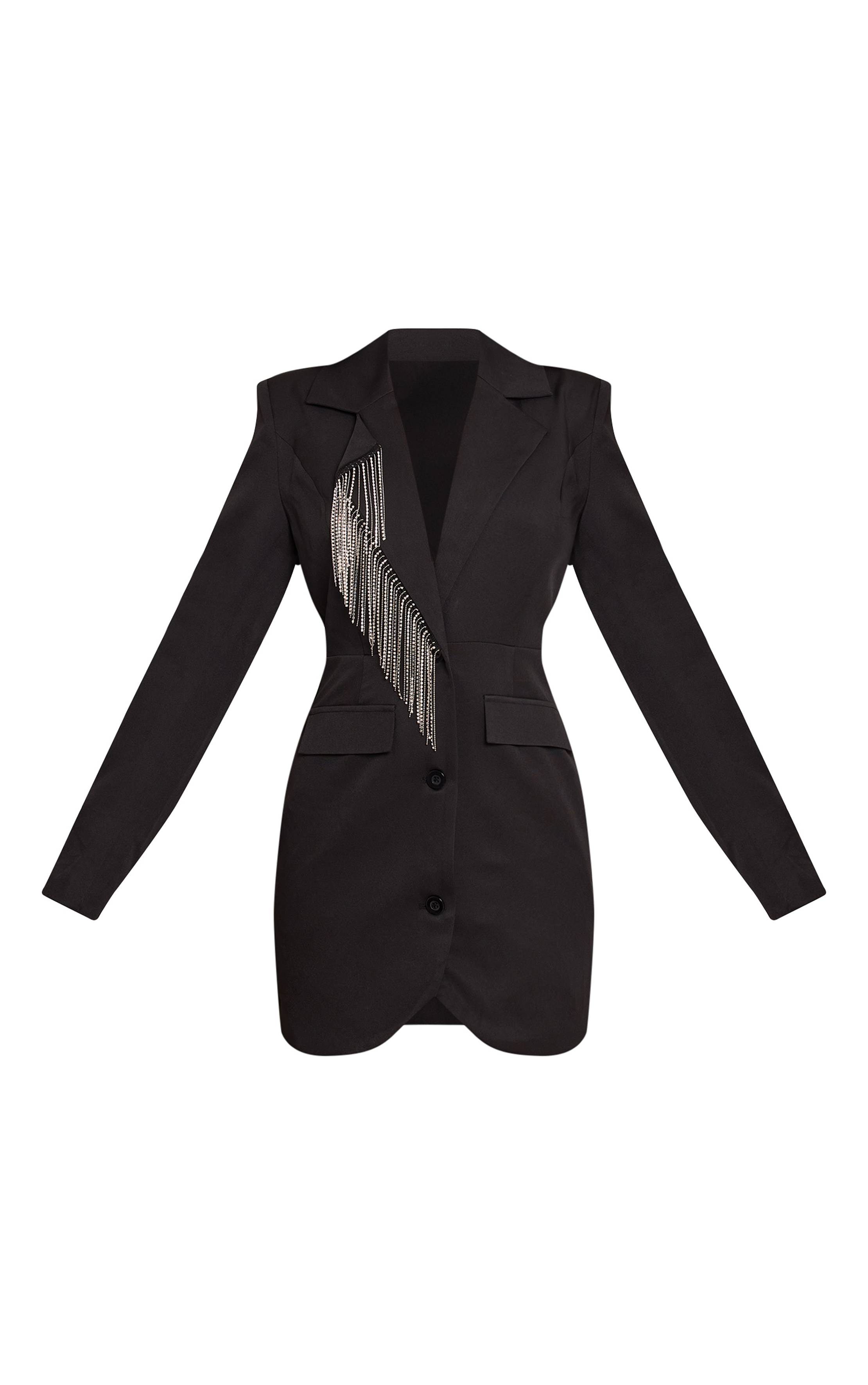 Noir Robe Blazer Ajustée À Manches Longues Avec Détail De Franges En Strass