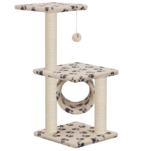 Arranhador bege para gatos com postes de sisal e pegadas de patas.