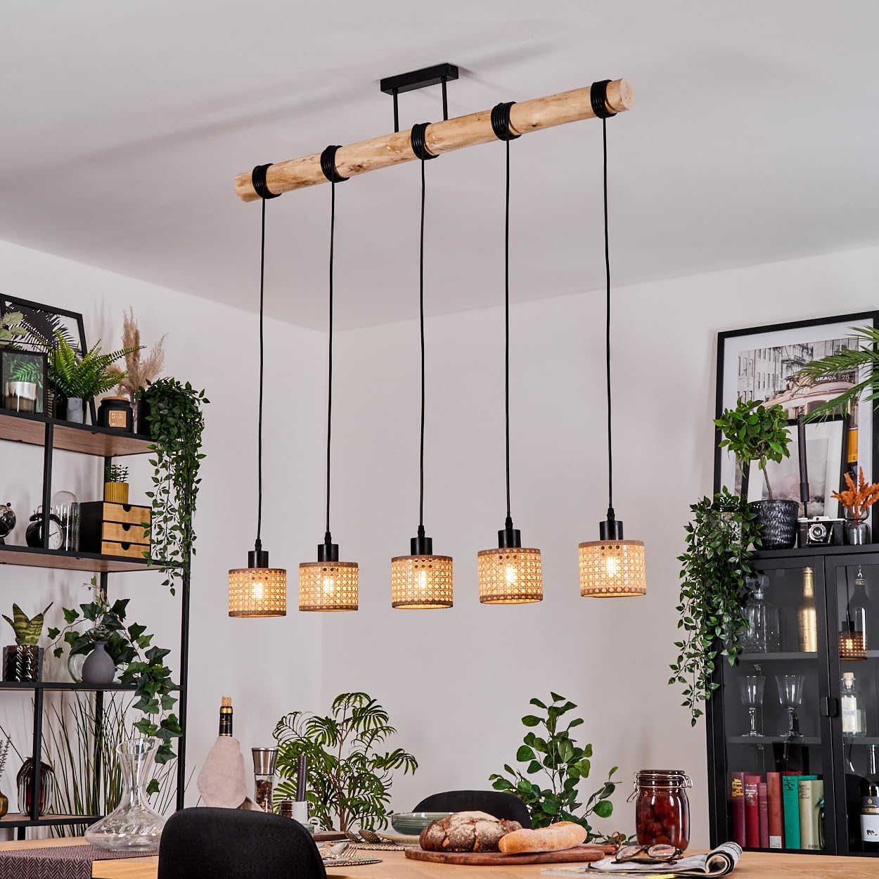 HOFSTEIN Hängeleuchte Barcos, 5-flammige Hängelampe aus Metall/Holz/Rattan/Wienergeflecht/Stoff Schwarz/Natur/Braun, Pendelleuchte im Boho-Design (Ø Schirme 12 cm), E27, Esszimmer, Küche, Wohnzimmer