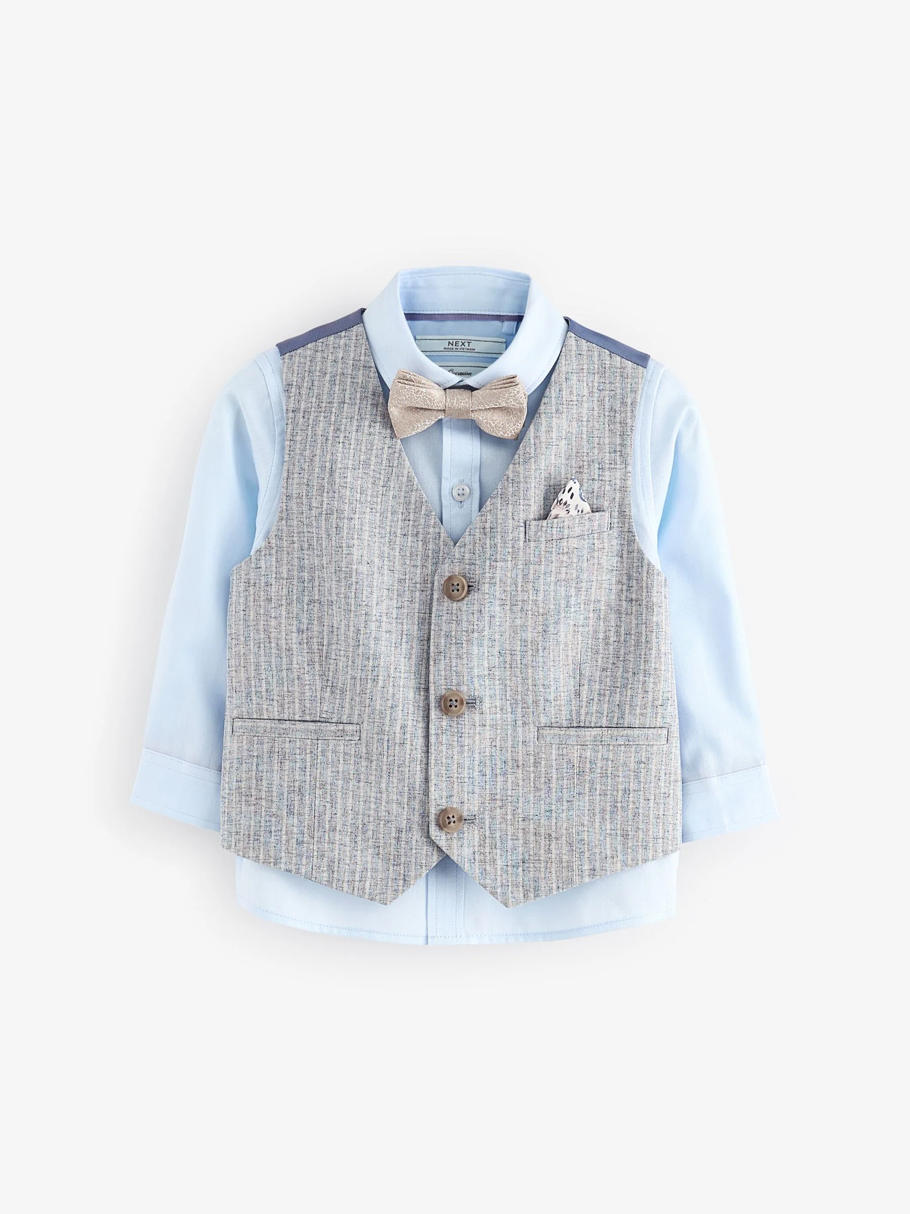 Blauw linnen met strepen - Set met gilet, overhemd en vlinderdas (3 mnd- 7 jr)
