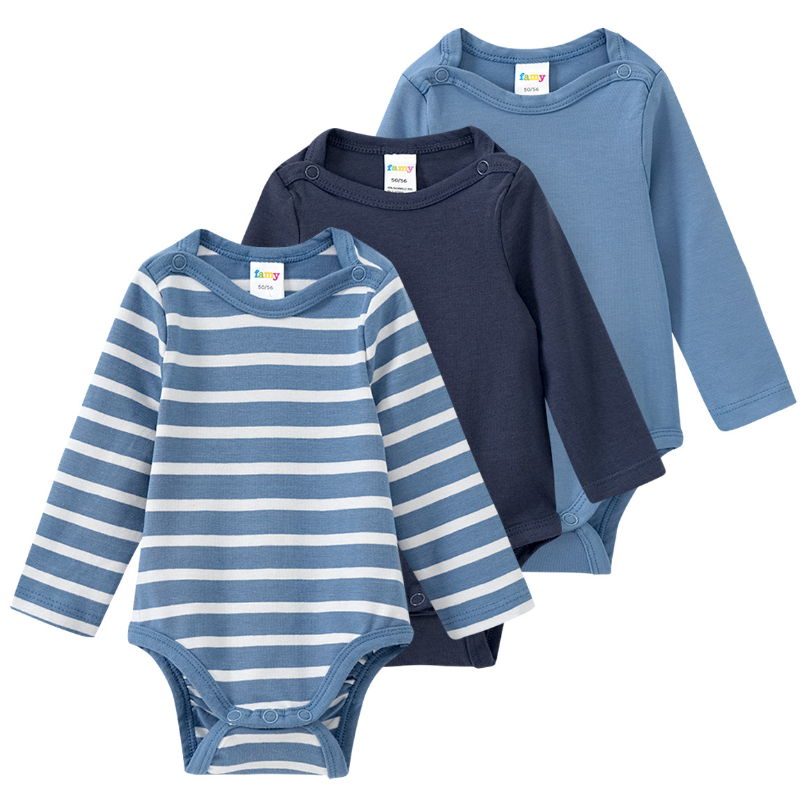 Famy 3 Baby Bodys mit Bio-Baumwolle blau / dunkelblau / weiss