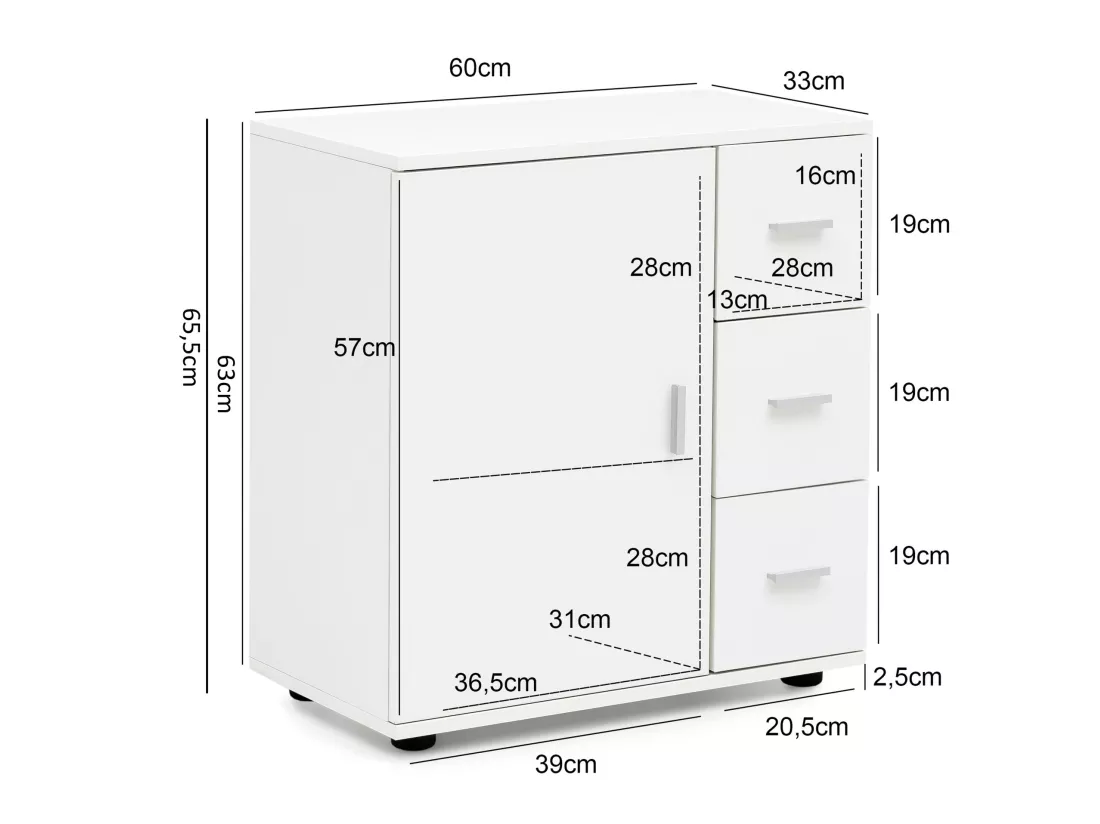 Armoire de Salle de Bain 60x65,5x33cm Commode avec Tiroir et Porte Blanc
