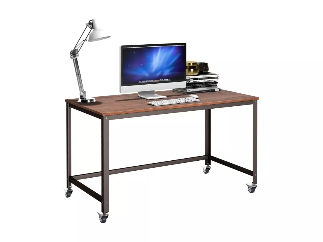 Bureau Informatique à Roulette avec Cadre en Acier Bureau à Domicile 120x60x75CM (Brun)