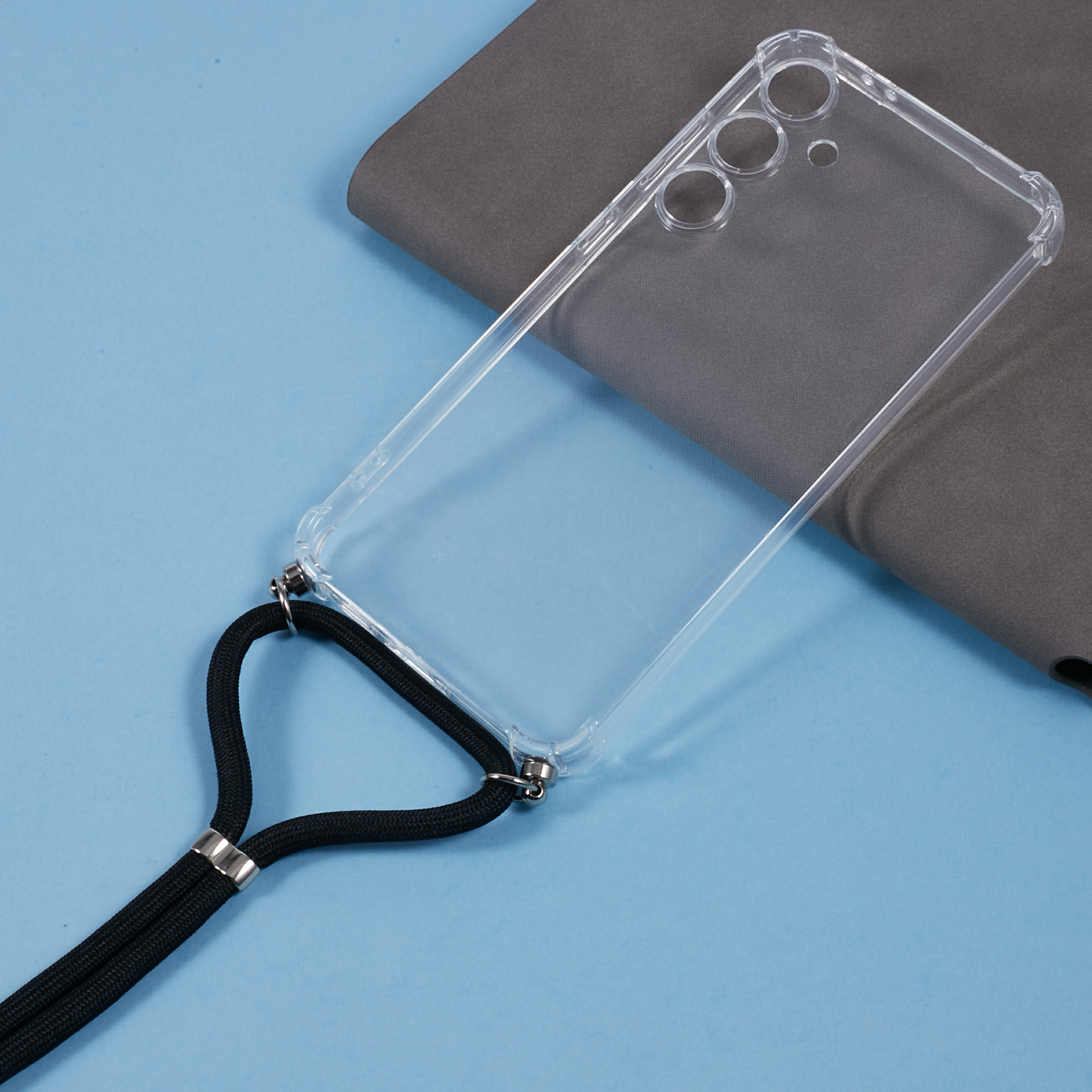 Samsung Galaxy S24 FE Necklace Gummi Hülle Air Cushion Fallschutz   Handykette (140cm) - Schwarz / Silber
