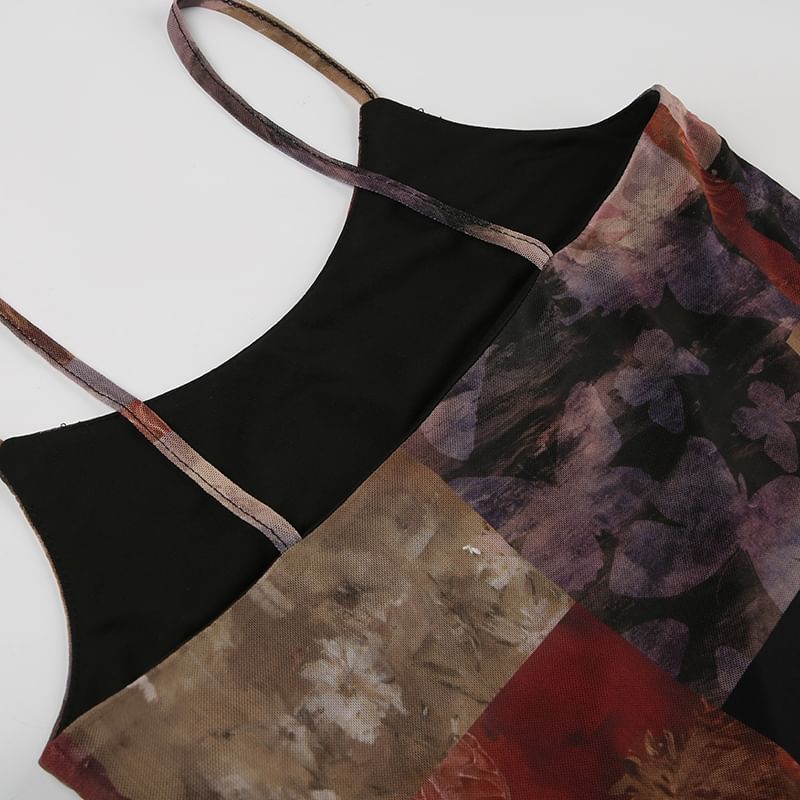 Honey River - Asymmetrische mesh midi-A-lijnjurk met spaghettibandjesprint