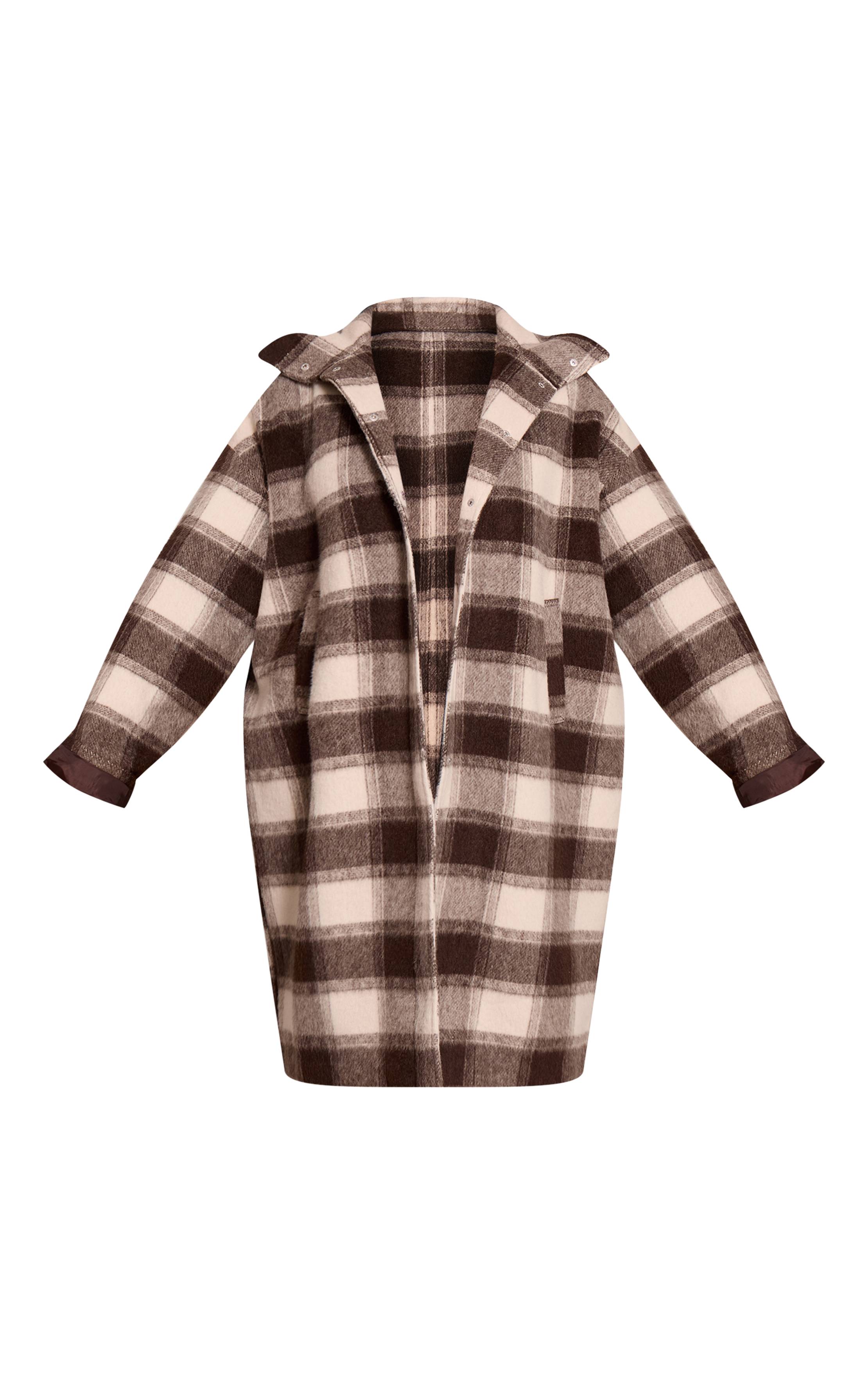 Marron Manteau Long Grande Taille À Carreaux Structuré Double Boutonnage Effet Laine