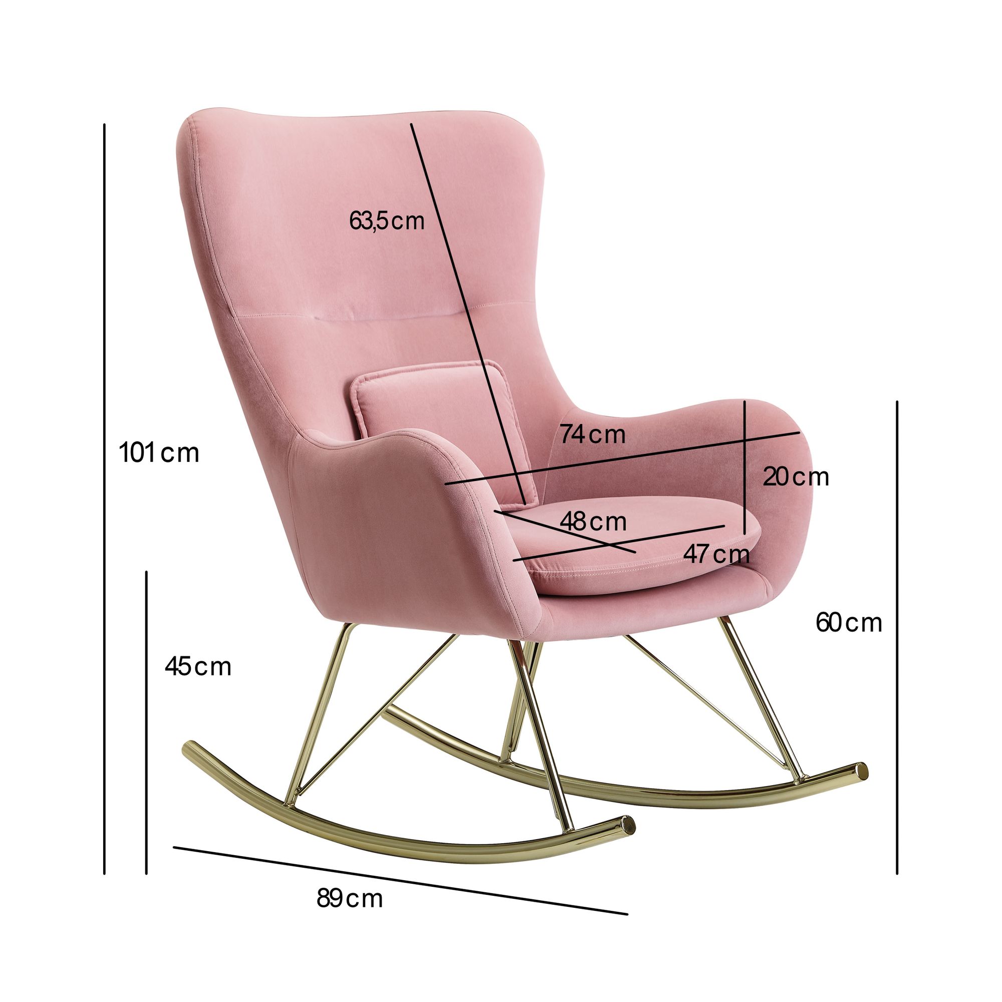 KADIMA DESIGN Schaukelstuhl aus Samt: Wippfunktion, Samt-Sitzschale, 74x101x89 cm, Rosa/Dunkelgrau/Hellgrau, 120 kg Belastung.