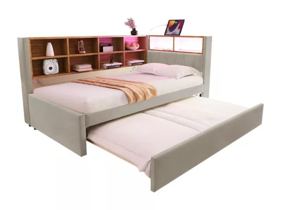 Canapé convertible 90x200 - avec lit gigogne 90x190 cm - avec prise USB - multiples rangements - lit tapissé - Gris clair (matelas non inclus)