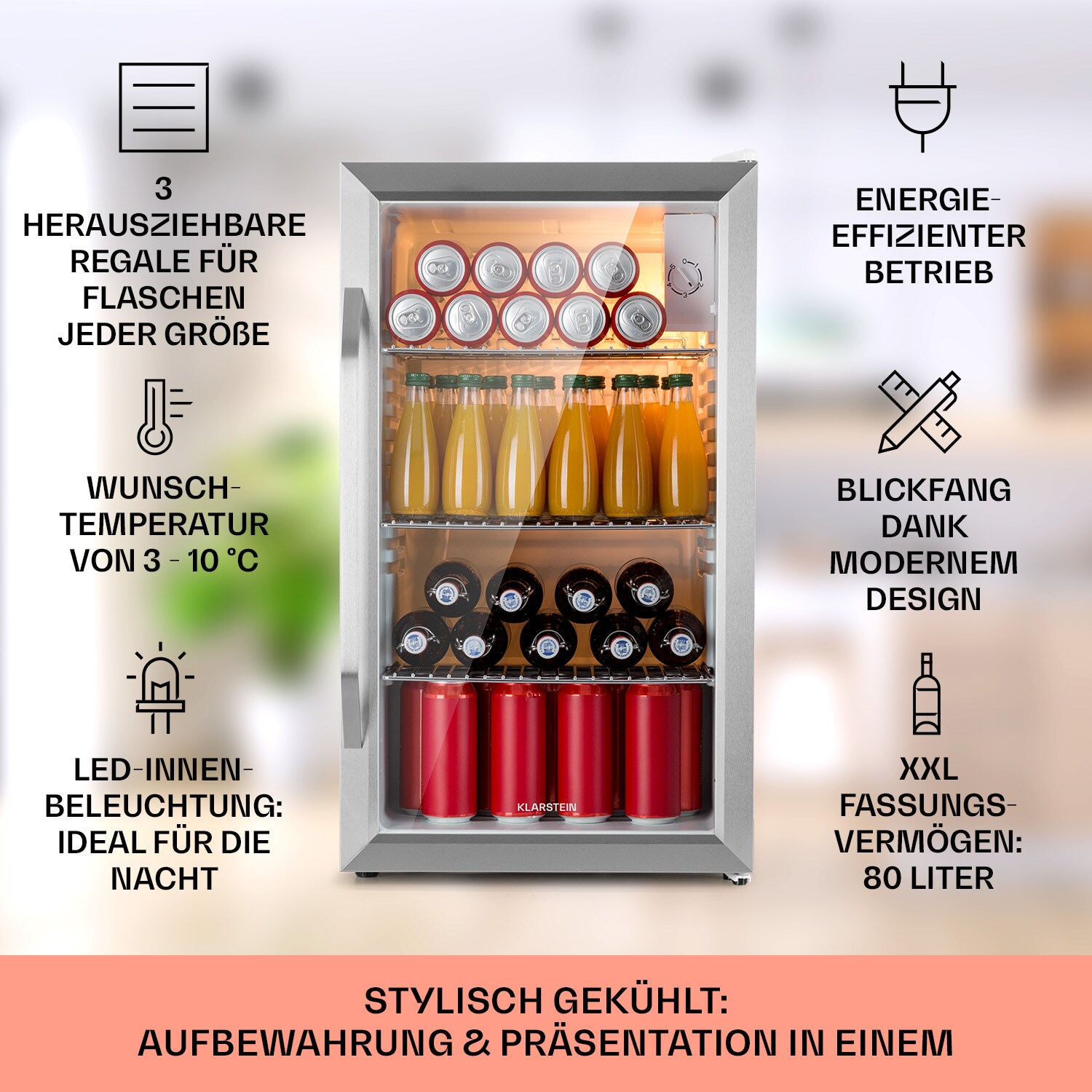 Beersafe XXL Crystal White Kühlschrank 80 Ltr Panoramaglas Edelstahl
