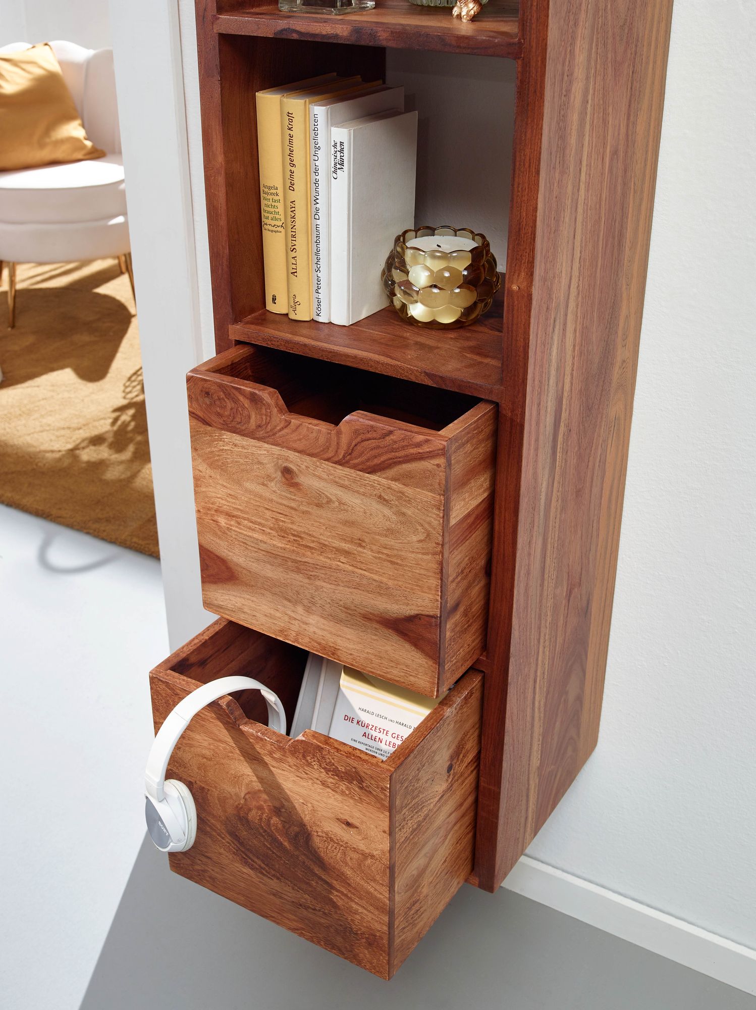Wandregal FineBuy Schweberegal mit Schubladen 150 cm Holz Regal Hängend Massiv