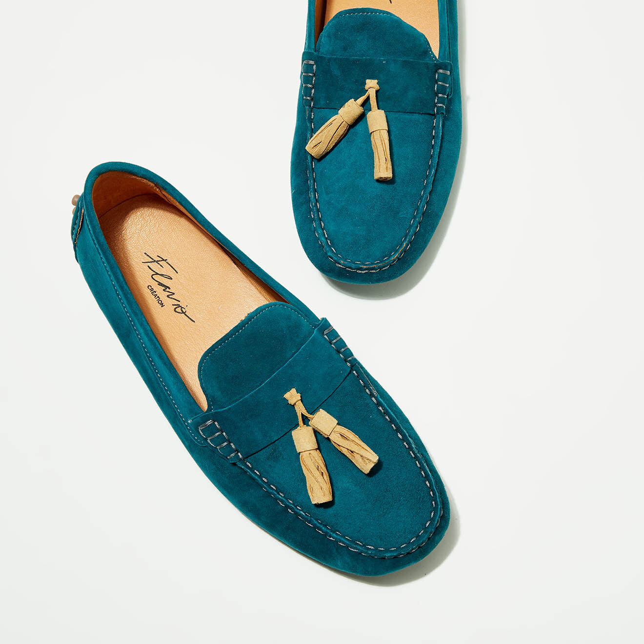 Flavio Création Mocassins en Velours de Cuir Manu bleu foncé/camel