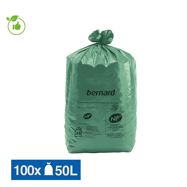 Sacs poubelle déchets lourds Bernard Green NF verts 50 L, lot de 100