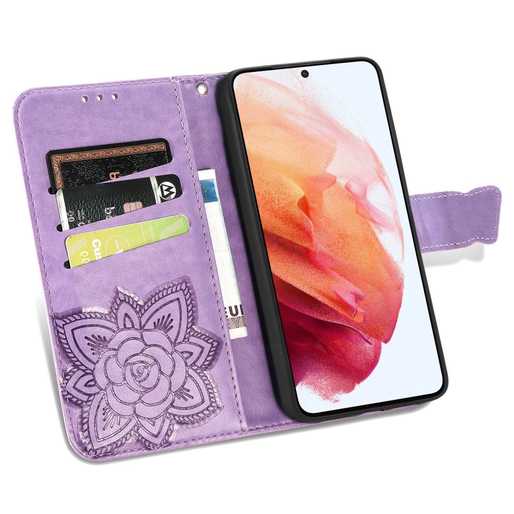Samsung Galaxy S21 FE 5G Leder Tasche Flip Cover Schmetterlinge Imprint - Lila