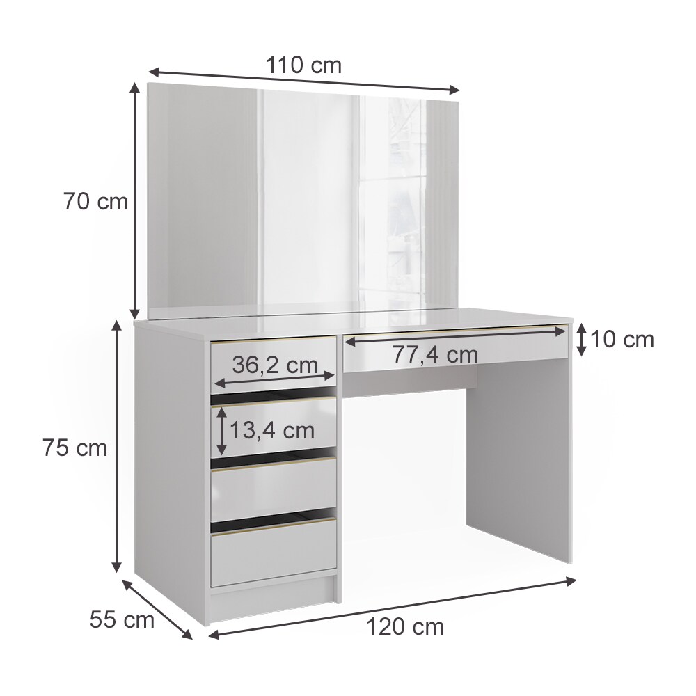 Vicco Schminktisch Sherry Weiß Hochglanz Gold 120 x 75 cm 5 Schubladen Spiegel