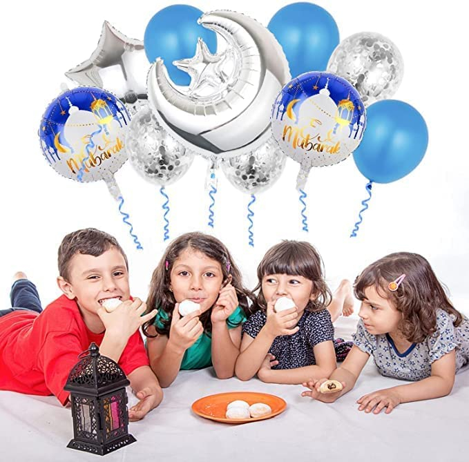 (26-tlg. Set) Ramadan Ballon Girlande Eid Mubarak Party Deko   Latex- & Folien Luftballons - Silber / Blau