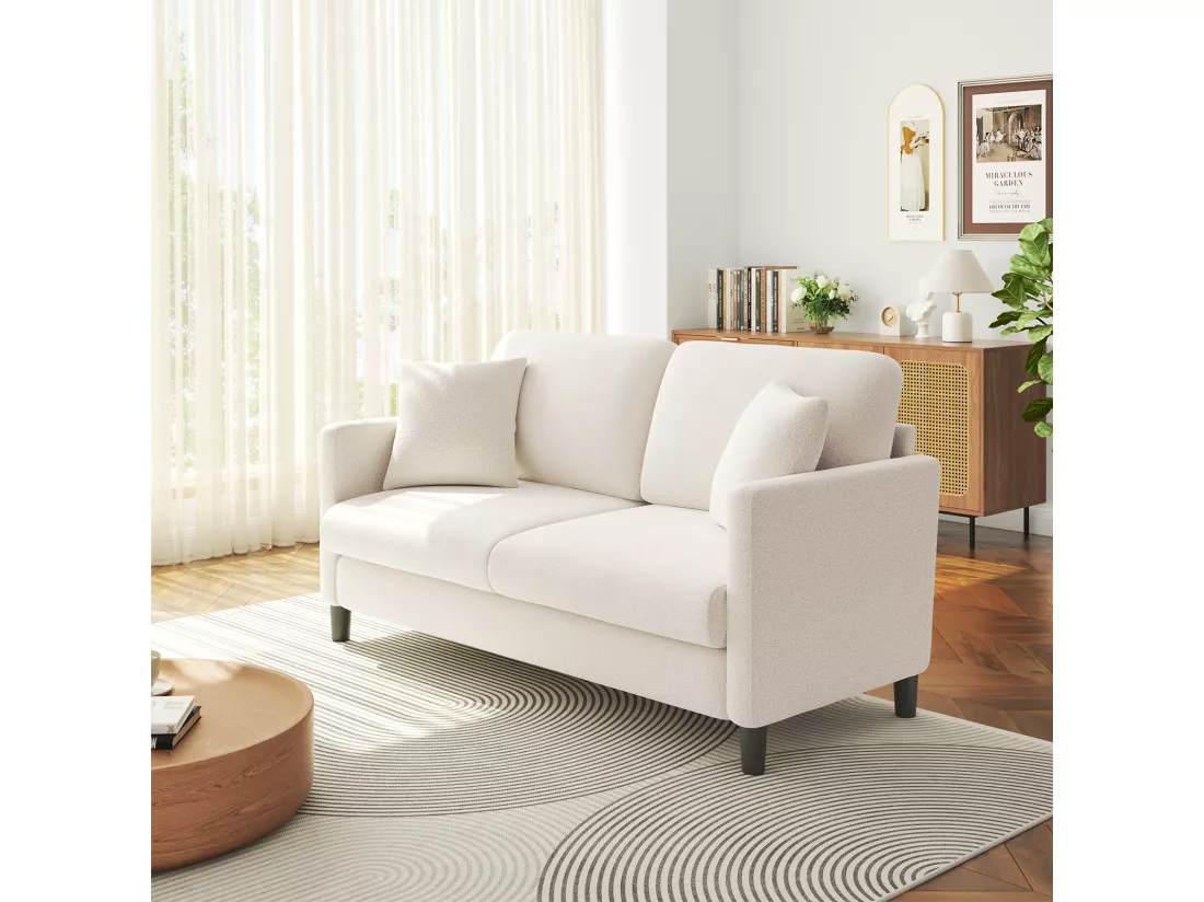 Canapé 2/3 Places en Velours Teddy,Canapé Droit Confort en Bois Massif,Loveseat avec Accoudoirs,165x78x89cm,Beige