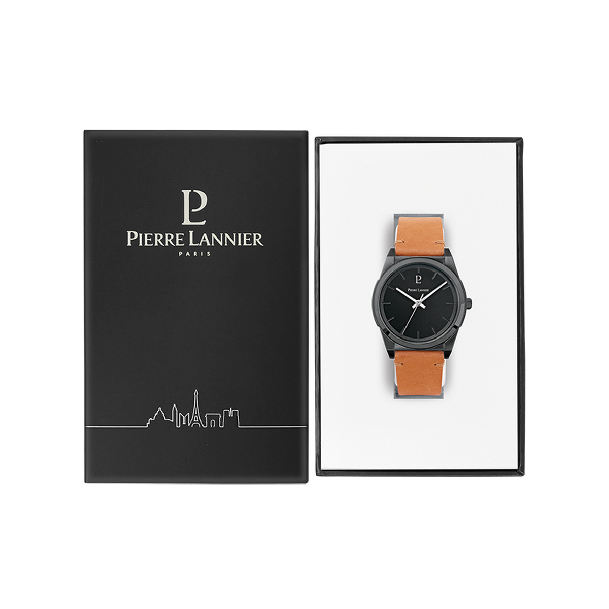 Montre PIERRE LANNIER Candide homme acier noir bracelet cuir marron