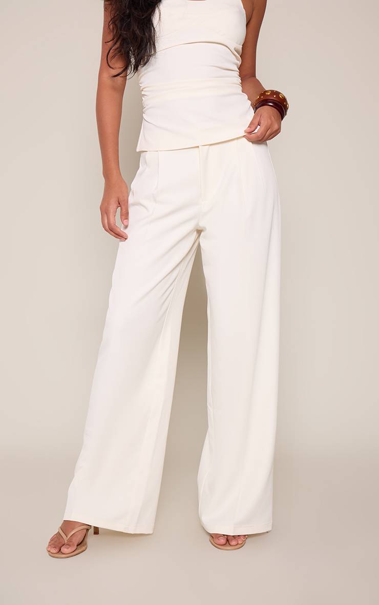 Crème Pantalon Tailleur À Double Pli Coordonné