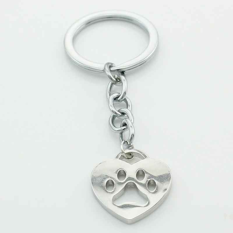 Porte-clés coeur coussinet patte de chien ou chat argenté