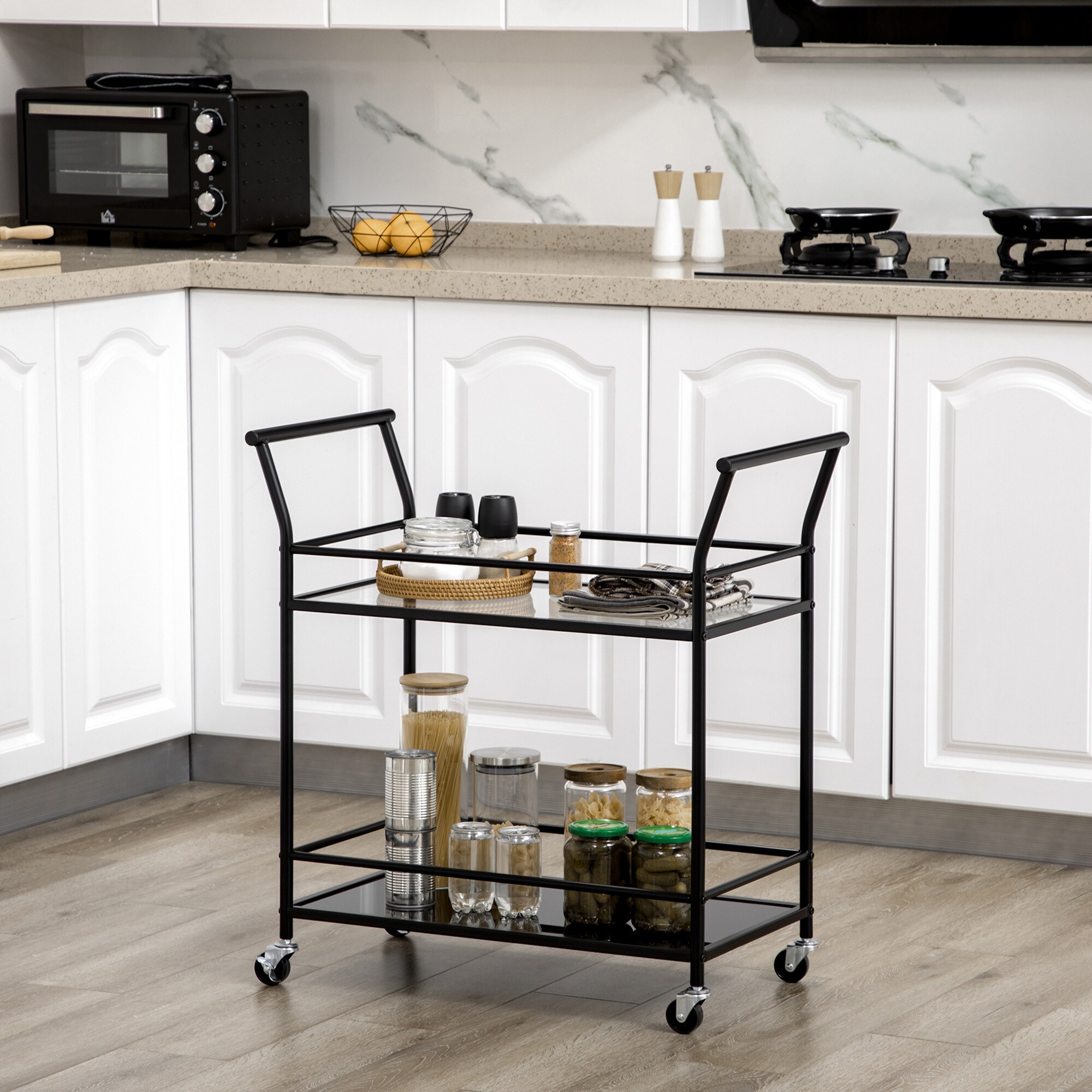 HOMCOM Küchenwagen mit Ablagen aus gehärtetem Glas schwarz 75L x 40B x 80H cm
