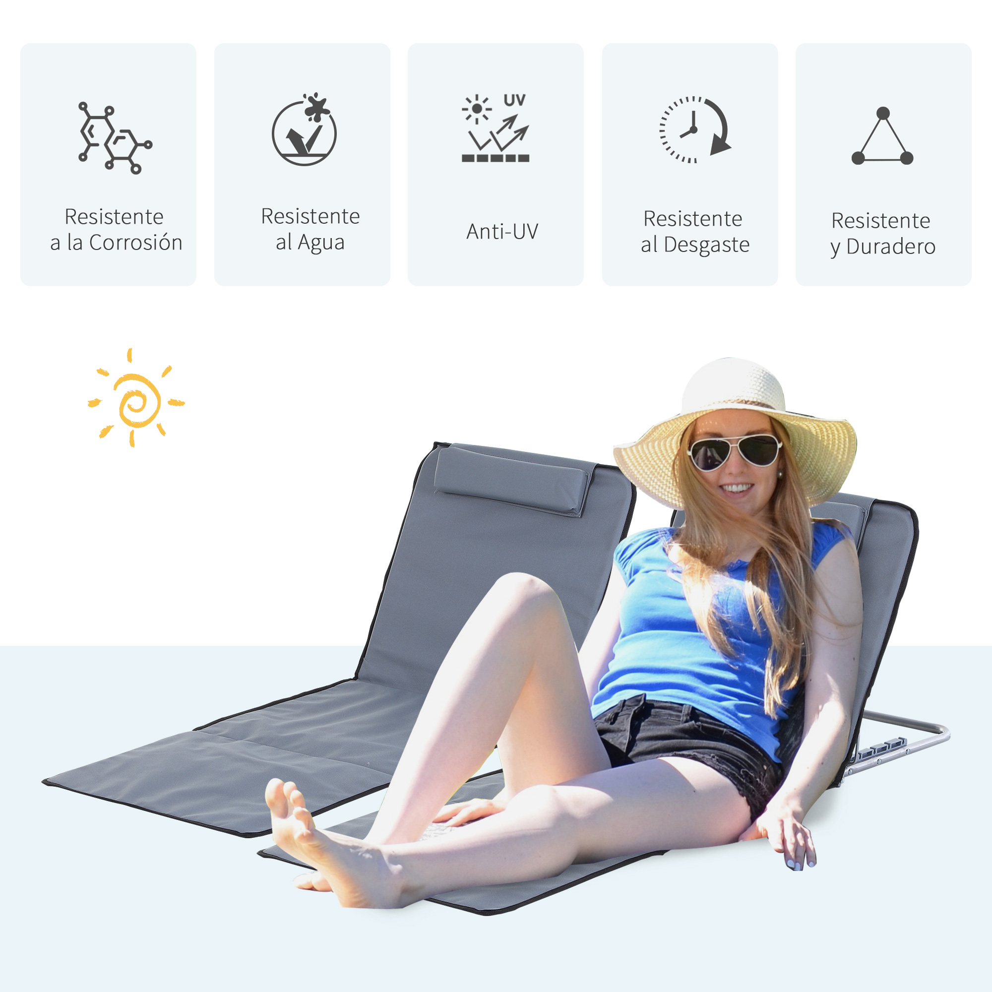Conjunto de 2 esteiras de praia dobráveis Outsunny com encosto reclinável em 5 níveis, apoio de cabeça e bolsa de transporte, 134x48x33-43 cm, cinza