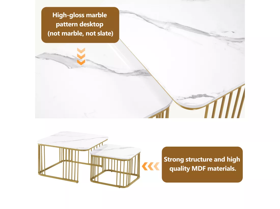 Lot de 2 tables basses carrées aspect marbre brillant - 70x70x45cm et 50x50x36,5cm - Bois MDF - Blanc