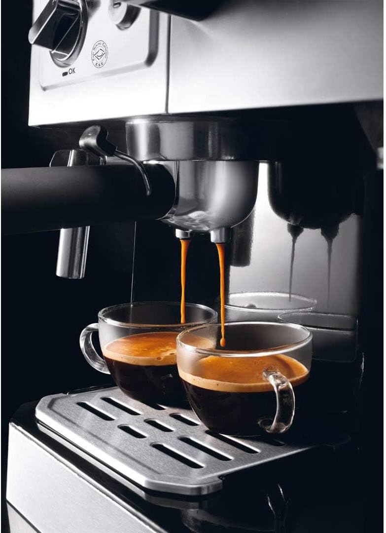 De'Longhi Kombikaffeemaschine BCO 421.S – Kaffeemaschine mit Espresso-Siebträger und Filterkaffee-Funktion inkl. Milchaufschäumdüse, Glaskanne & Wasserfilter-System, 1 l, Edelstahl/Schwarz, single