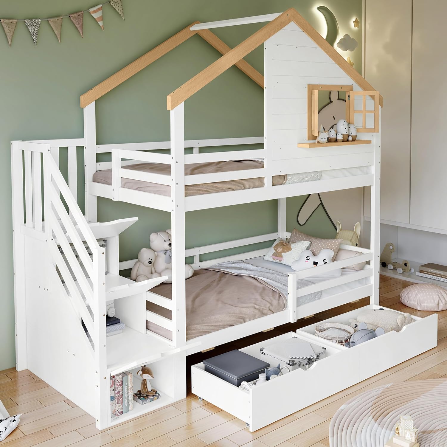 Etagenbett 90x200 cm, Kinderbett mit 2 Schubladen, Holzbett mit Aufbewahrungstreppen, Hausbett mit Dach und Fenster, Multifunktionales Stauraumbett, Weiß + Natur, ohne Matratze