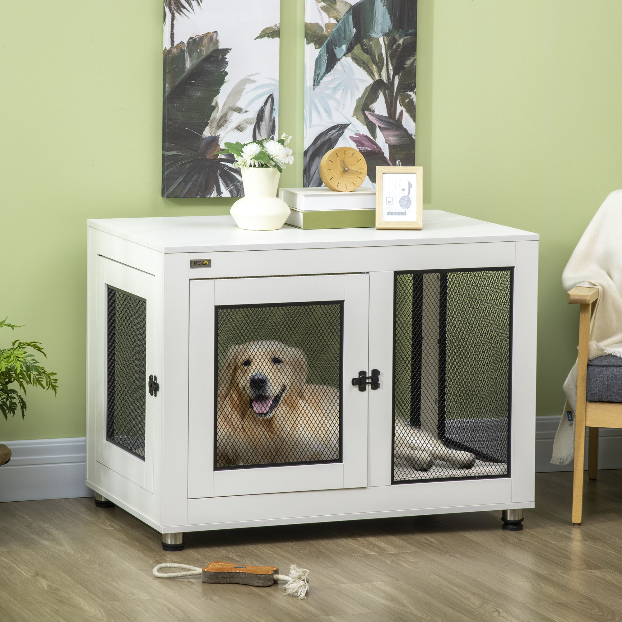 Mesa de centro PawHut em madeira, com formato de gaiola para cães, dimensões de 94x60x71,5 cm, estilo móvel, com 2 portas com fecho, almofada em tecido Oxford e grades de aço, na cor branca.