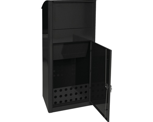 MEFA pakketbrievenbus, gepoedercoat staal, BxHxD 528/1202/442 mm, Mega 459, gitzwart RAL 9005, semi-mat, frontuitname