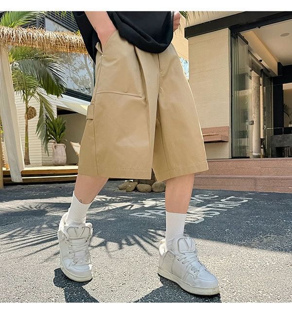Omozando - Mid Rise Plain Capri Wide Leg Cargo Pants