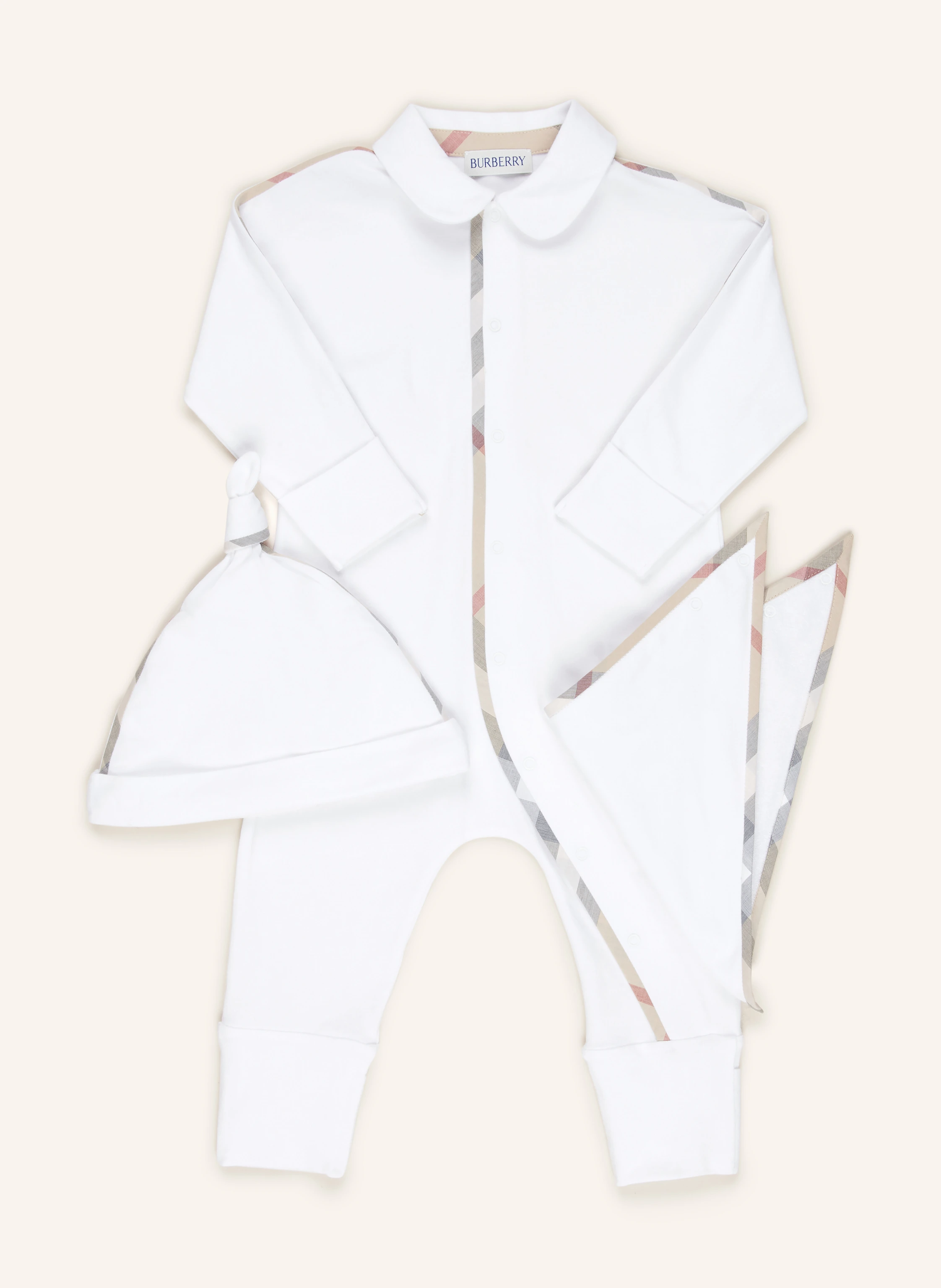 BURBERRY Set: Strampler, Mütze und Halstuch
