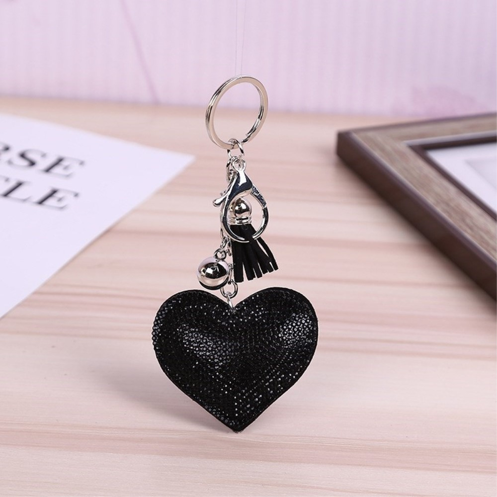 Strass Herz Schlüsselanhänger Handtaschen Accessoire mit Spaltring - Schwarz / Silber