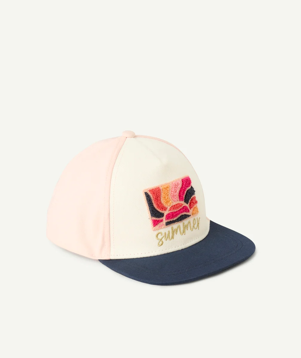 casquette fille en rembourrage recyclé rose et bleu avec patch bouclette