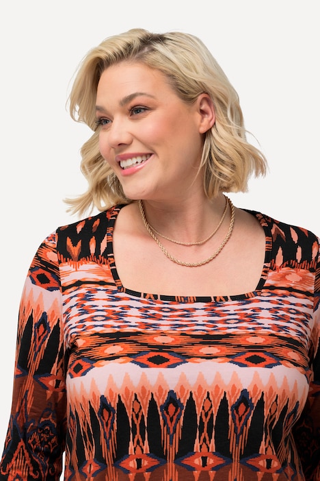 Longshirt, gemustert, Carree-Ausschnitt, 3/4-Arm