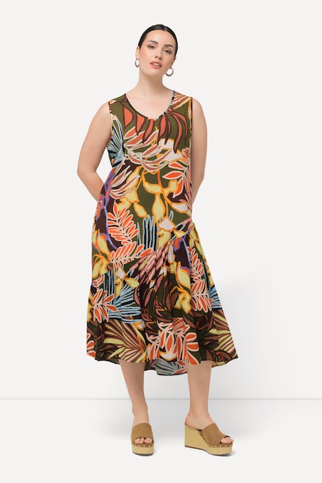 Kleid, Blätter, Volantsaum, V-Ausschnitt, ärmellos