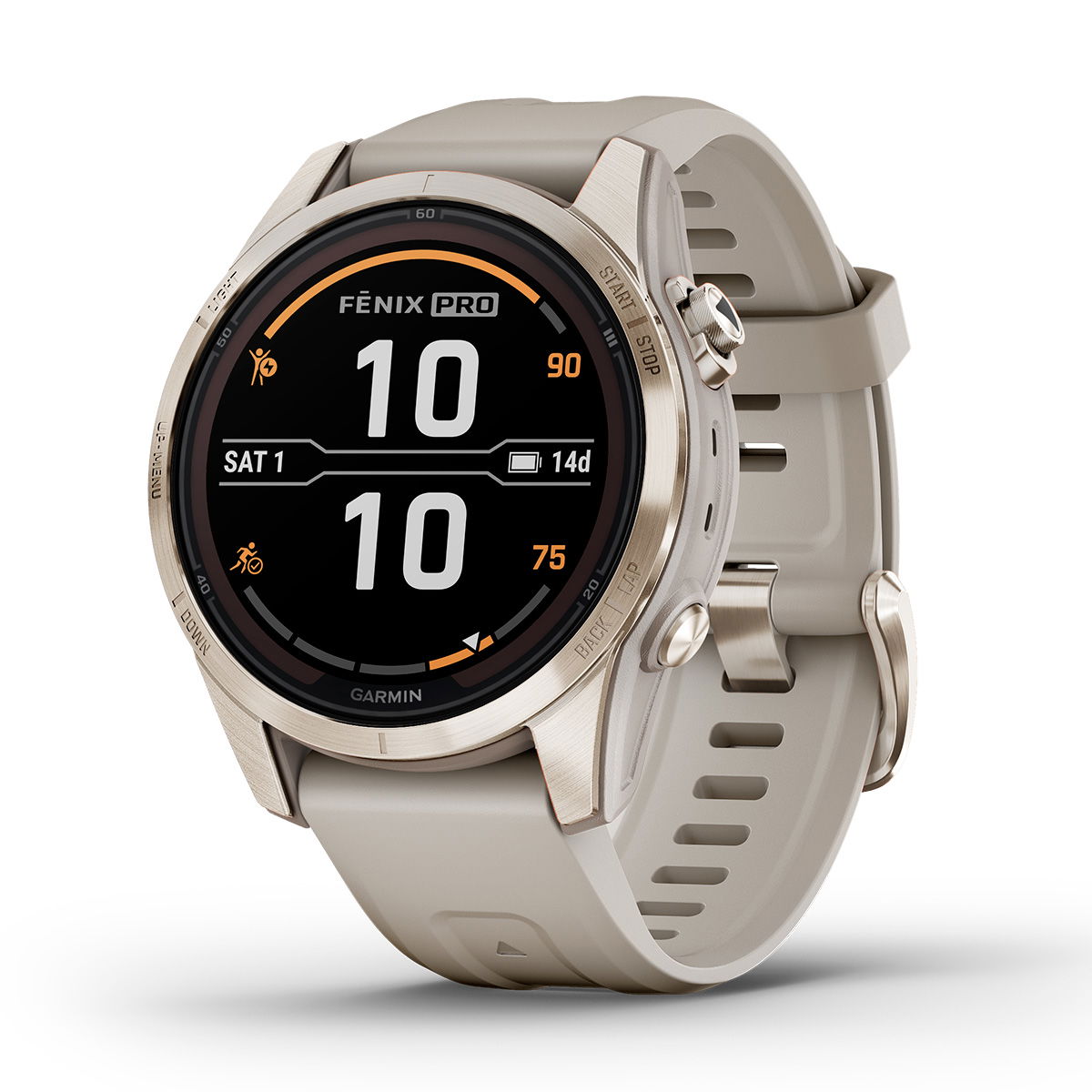 Garmin Fenix 7S Pro Sapphire Solar - Soft Gold, Light Sand rem, 42 mm