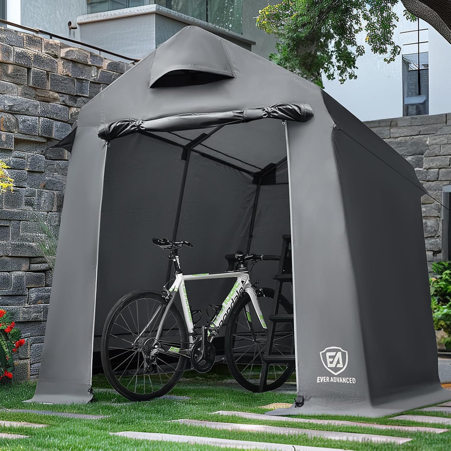 EVER ADVANCED Gerätehaus 9.8m³ Gerätezelt 190x230x225cm, 3000MM Wasserdichtes Geräteschuppen mit 2 Belüftungsöffnungen, Fahradgarage Fahrradschuppen Aufbewahrungsgarage Allzwecküberdachung, Grau